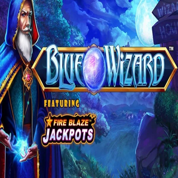 Blue Wizard Fire Blaze Jackpots online game logo by Rarestone Gaming on slotrizee.com